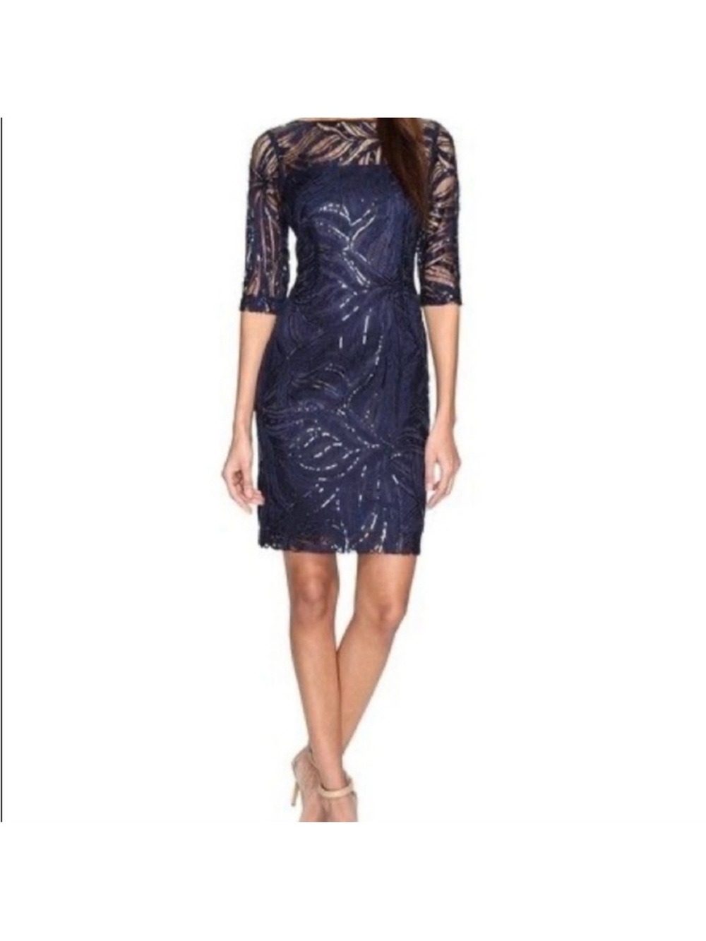Tahari Navy Sequin Mini Dress with Sheer Yoke
